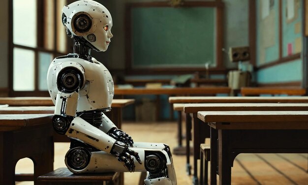 Robot umanoide realistico ad alti dettagli seduto pensieroso in una classe d'epoca