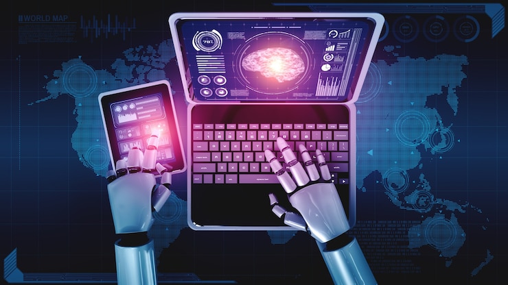 Foto robot umanoide usa il laptop e si siede a tavola nel concetto di cervello pensante ai