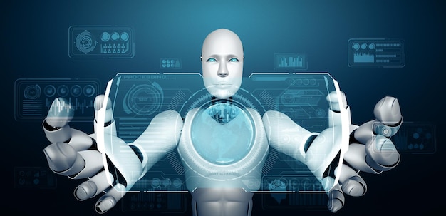 Robot umanoide Xai ai con uno schermo ologramma virtuale che mostra il concetto di big data