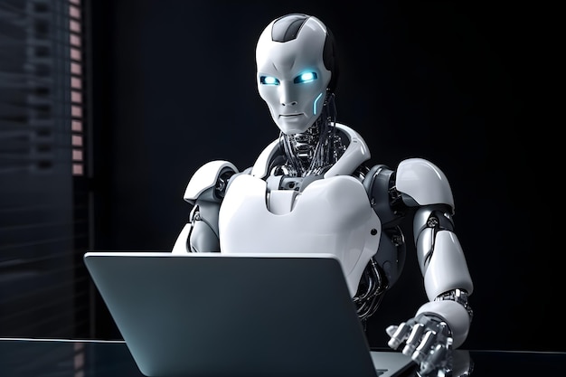 Robot with notebook concept of Chat GPT and AI technology