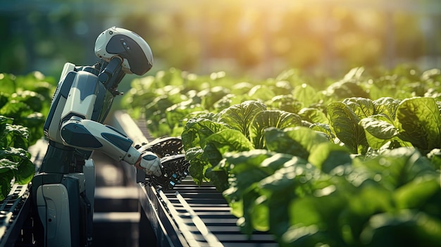 Robotica agricola che lavora in una fattoria intelligente Tecnologia del futuro con il concetto di agricoltura intelligente
