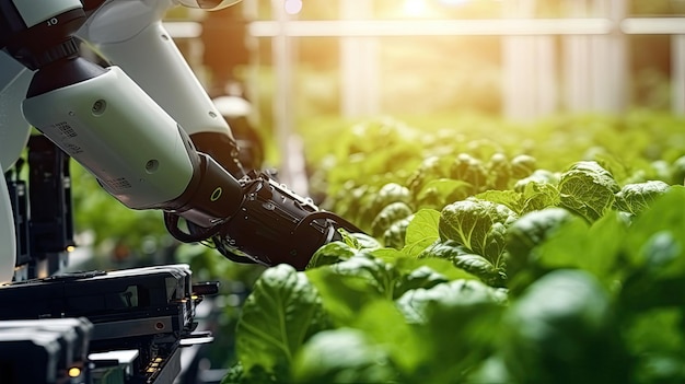 Robotica agricola che lavora in una fattoria intelligente Tecnologia del futuro con il concetto di agricoltura intelligente