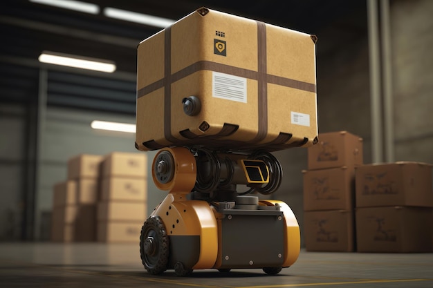 Robotica che consegna scatole di cartone in magazzino Centro logistico di distribuzione Generative Ai