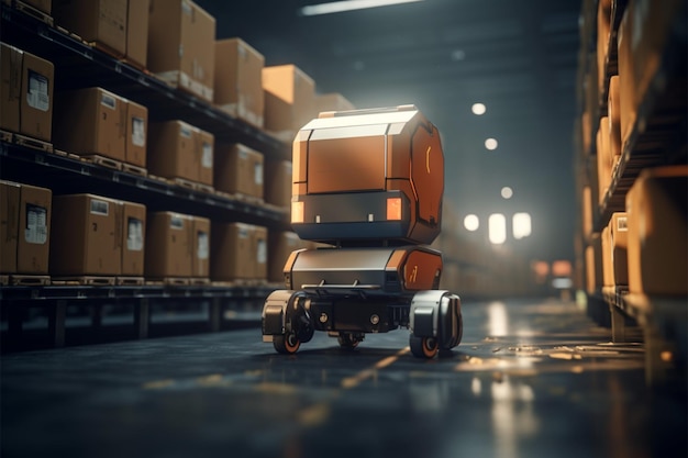 Robotica logistica Automazione del magazzino con un robot che trasporta in modo efficiente le scatole di distribuzione