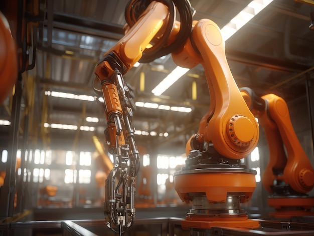 Robotica nella linea di produzione automatizzata della moderna fabbrica industriale Immergiti nel futuro della produzione attraverso questo accattivante rendering 3D