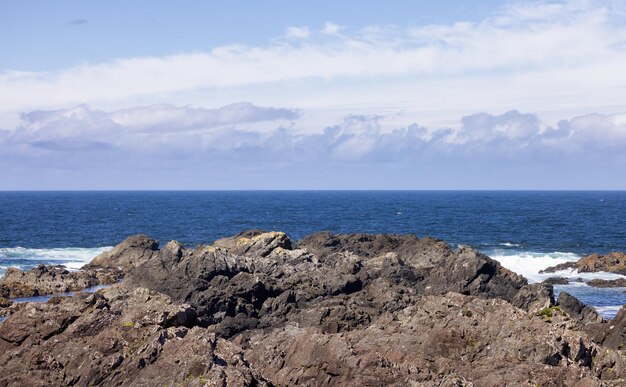 Rocce aspre su una costa rocciosa sulla costa occidentale dell'Oceano Pacifico