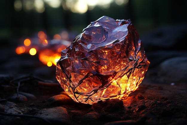 Rocce di cristallo luminose che formano un teschio in mezzo a fiamme scure