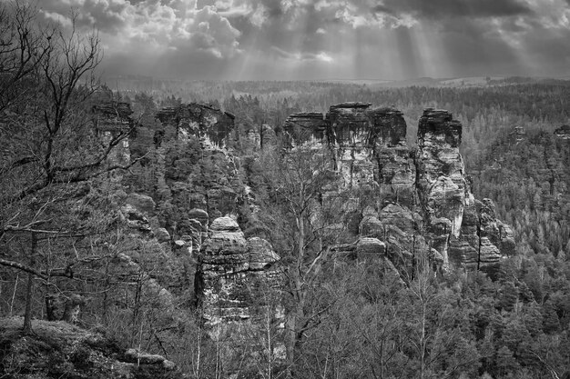 Rocce frastagliate al Basteibridge Ampia vista sugli alberi e sulle montagne Cielo drammatico