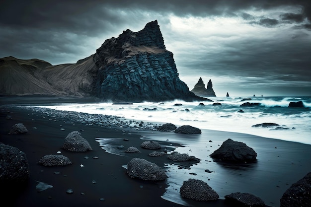 Rocce grigio scuro sulla riva deserta della spiaggia islandese