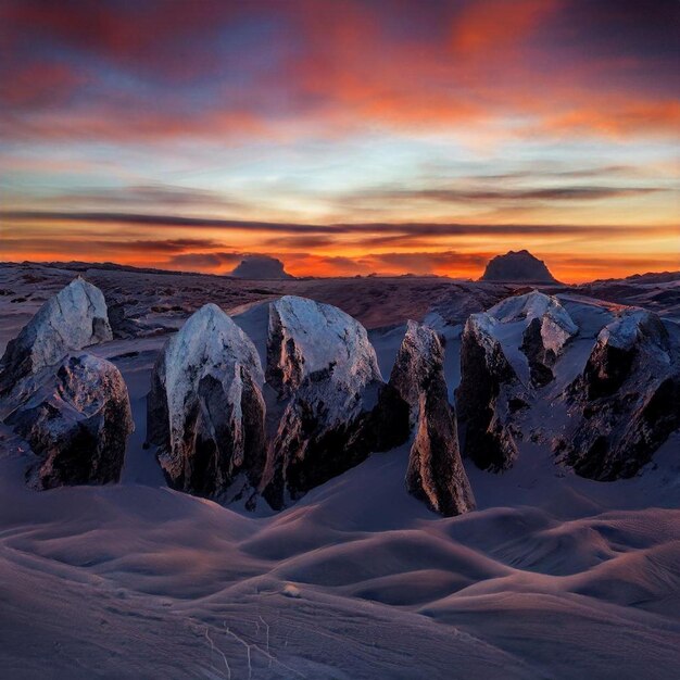 Rocce nel paesaggio della neve sotto il bel tramonto