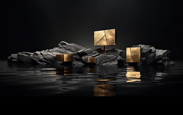 rocce nere e dorate circondate da acqua sullo sfondo