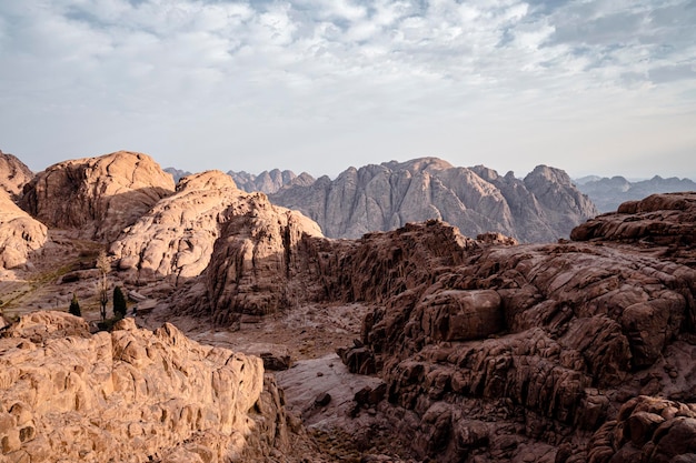 Rocce panoramiche della terra santa del Monte Sinai al mattino presto