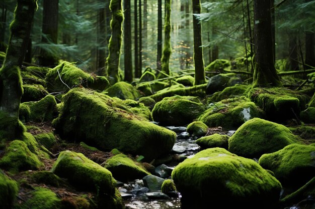 Rocce ricoperte di muschio in un bosco sempreverde