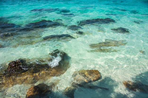 Rocce sulla spiaggia con acqua cristallina a Koh Kham Amphoe Sattahip Chon Buri Thailand.