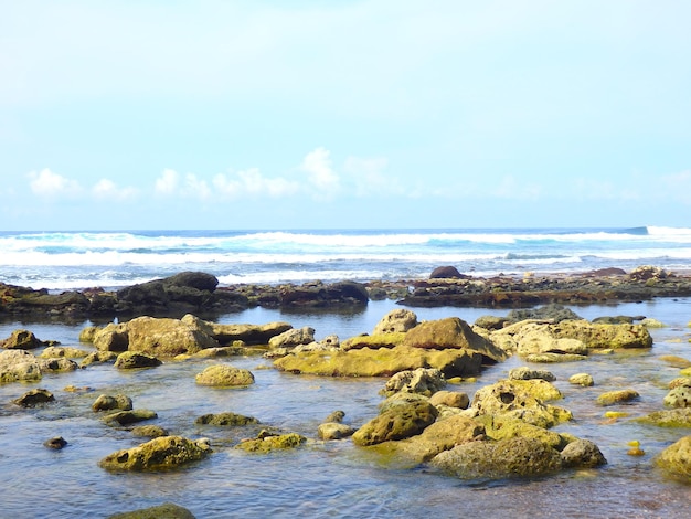 Rocce sulla spiaggia contro il cielo