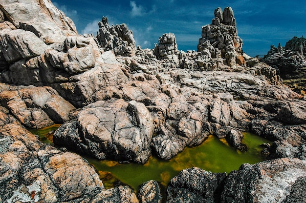 Rocce tormentate e pozzanghera verde sulla costa di Ushant in Bretagna Francia