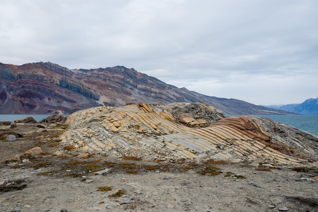 Rocce variopinte nella fine orientale della Groenlandia su.