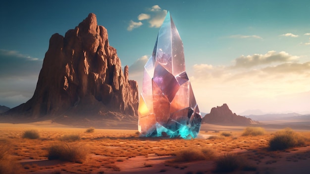 roccia di cristallo magica e fantastica che brilla in un deserto