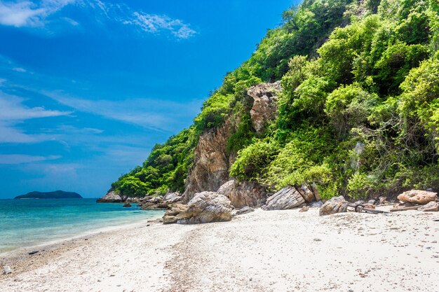 Roccia di isola tropicale sulla spiaggia con cielo blu