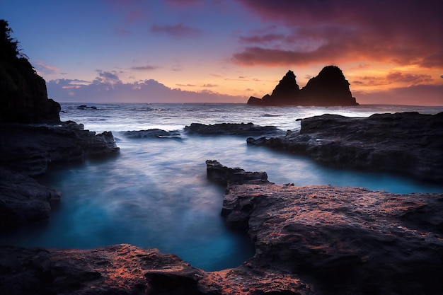 Roccia in spiaggia e mare nel tempo soleggiato