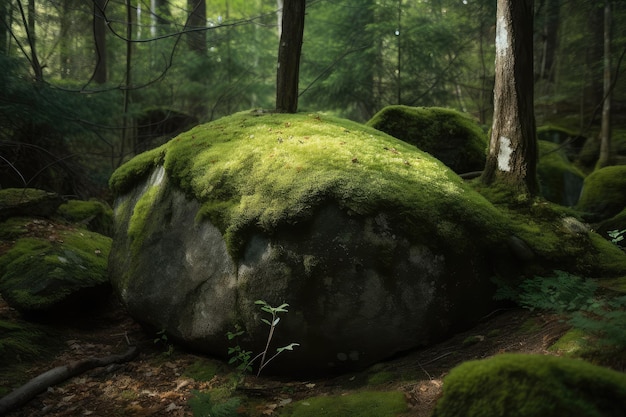 Roccia ricoperta di muschio nella foresta immersa nel verde