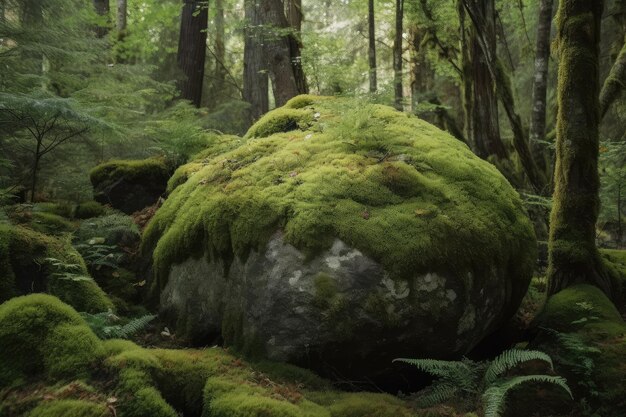 Roccia ricoperta di muschio nella foresta immersa nel verde