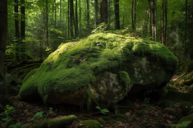 Roccia ricoperta di muschio nella foresta immersa nel verde