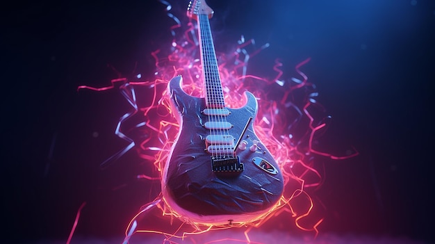 Rock chitarra elettrica luci al neon banda musicale illustrazione immagine AI generato art