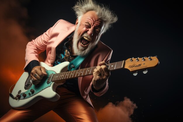 Rocker anziano che suona la chitarra elettrica con ardente entusiasmo