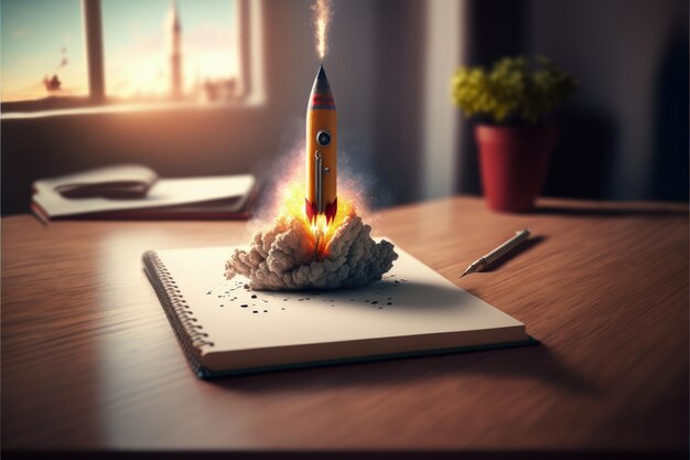 Rocket che esce da un notebook sopra un tavolo di legno concetto di creazione di startup AI