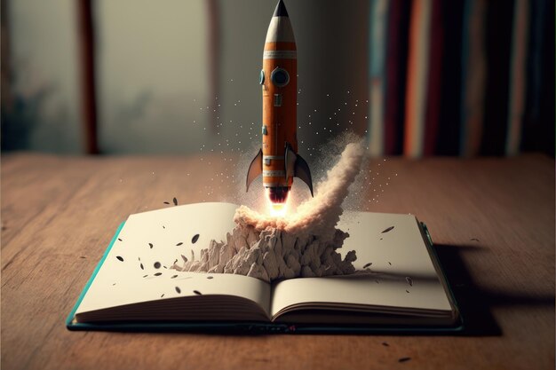 Rocket che esce da un notebook sopra un tavolo di legno concetto di creazione di startup AI