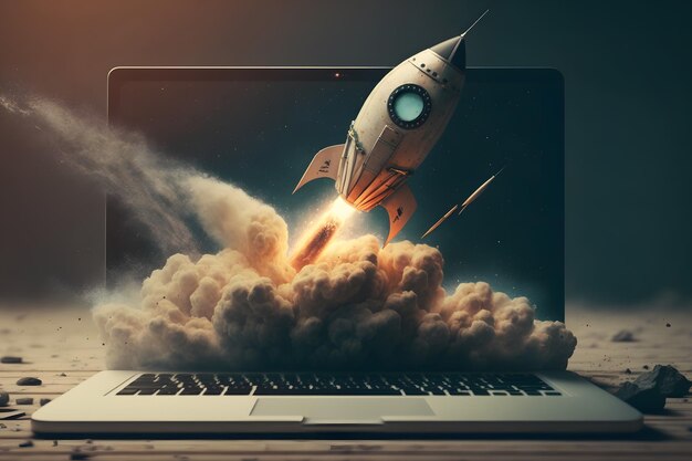 rocket flies out of the computer high speed internet startup concept neural network generated art