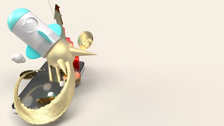 Photo rocket fly on mobile phone 3d rendering for startup content.
