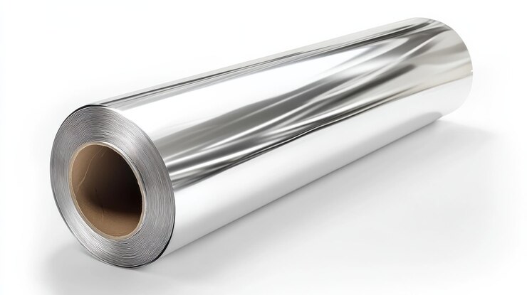 Roll of shiny aluminum foil on a white background ready for kitchen use and food wrapping