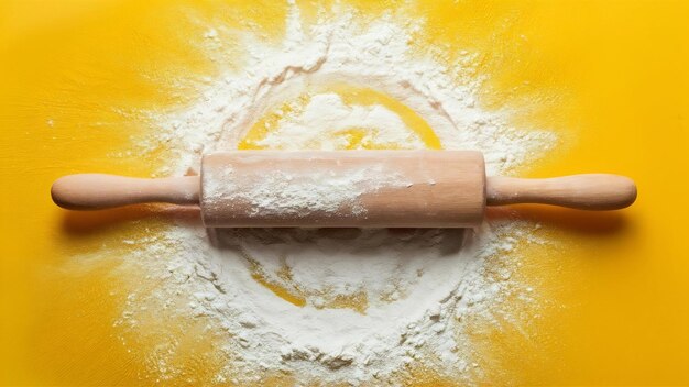 Roll pin con farina su sfondo giallo concetto di ricetta di menu di cottura