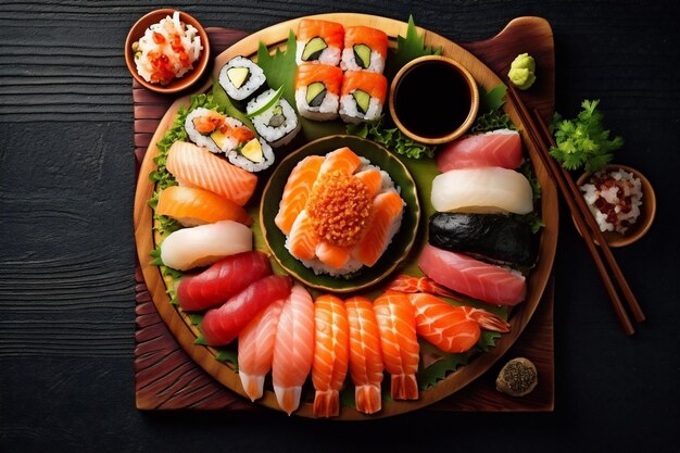 Rollo di riso asiatico sushi sano frutti di mare pesce fresco cibo giapponese IA generativa