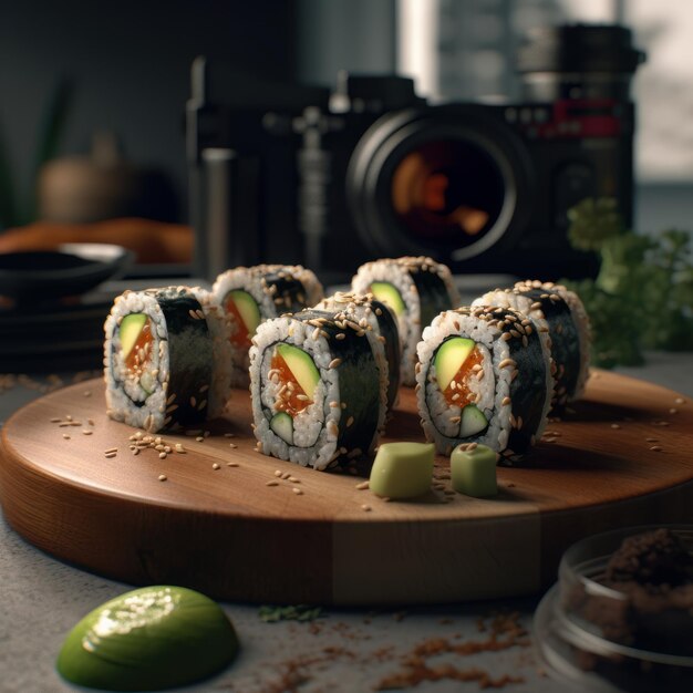 Rollo di sushi con salmone, avocado e caviale tobiko su sfondo scuro