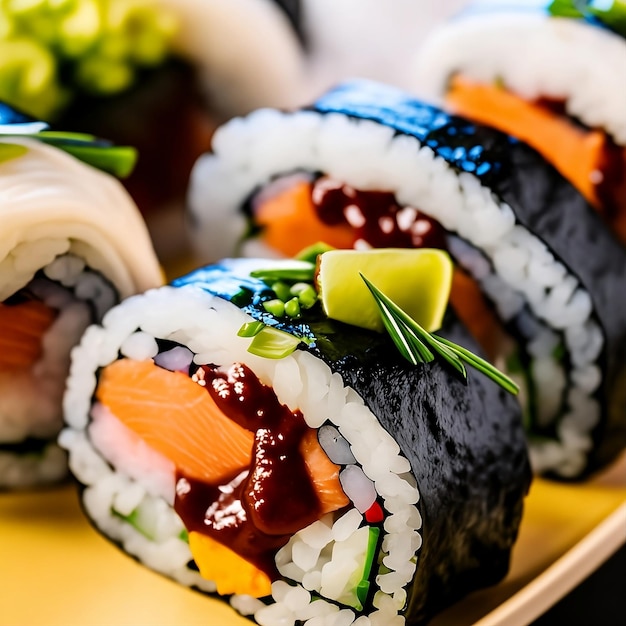 Rolos de sushi colorati e riempiti con molhos vibrantes