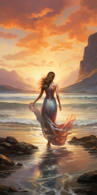 Romantic Sunset Un viaggio di una donna lungo la spiaggia