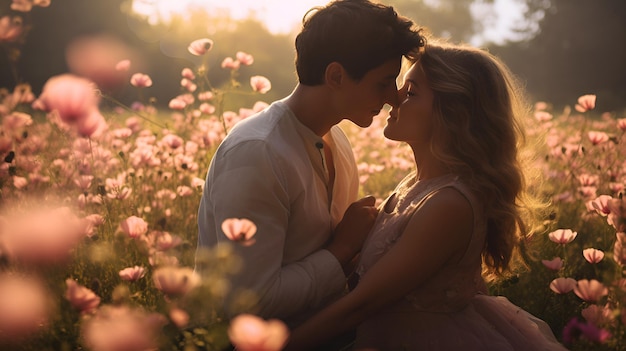 Romantic Twilight Giovane coppia in un campo di fiori Perfetto per il giorno di San Valentino e i temi d'amore