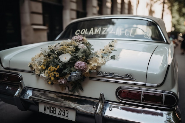Romantica auto da matrimonio vintage con delicate decorazioni floreali