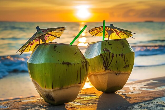Romantica bevanda al cocco per due su una spiaggia al tramonto