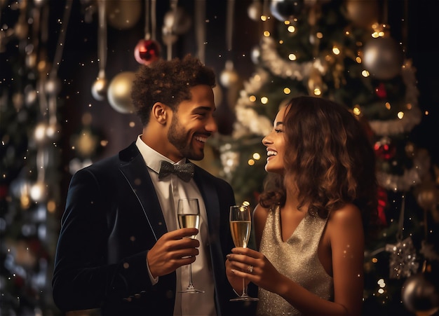 Romantica coppia di capodanno brindando con champagne indossando smoking nero e abito dorato