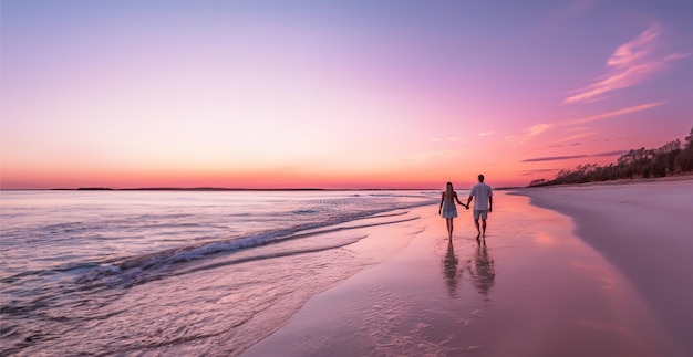 Romantica passeggiata al tramonto mano nella mano sulla spiaggia di sabbia rosa