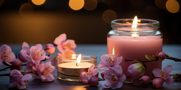 romantica spa atmosfera accogliente candela sfocata fiori rosa chiaro salone rilassante