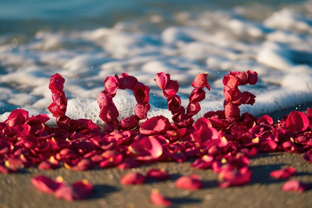 romantica spiaggia d'amore petali di rosa sull'ampia costa pragma