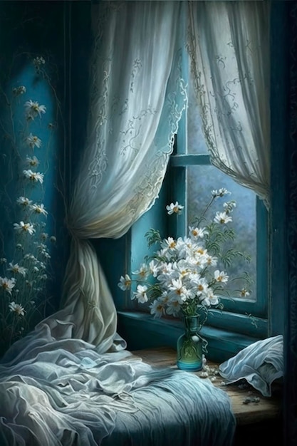 Romantica stanza blu e stoffa bianca drappeggiata nella finestra fiori delicati