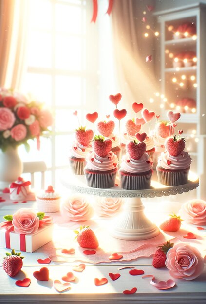 Romantica torre di cupcake adornata da rose e cuori