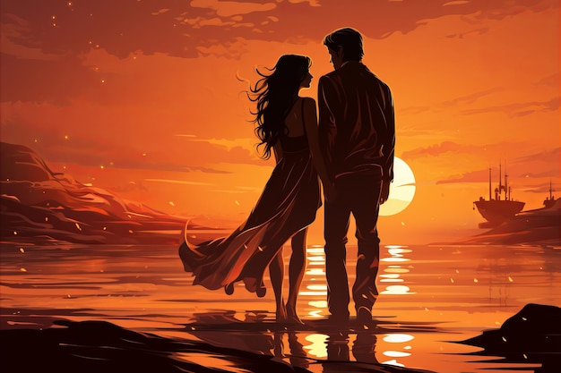 Romantiche silhouette serene del tramonto di una coppia innamorata che si tiene per mano in una scena di crepuscolo mozzafiato