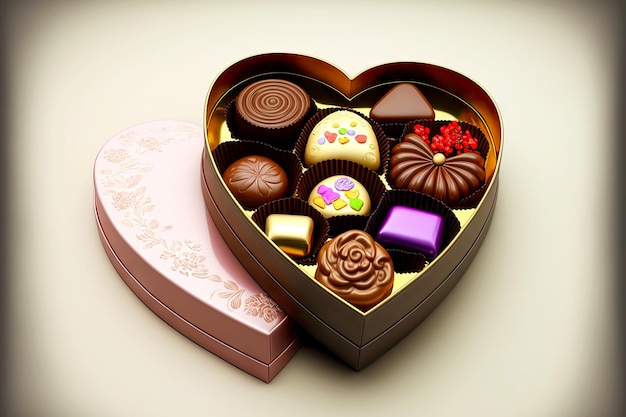 Romantici cioccolatini multicolori in scatola di caramelle a forma di cuore